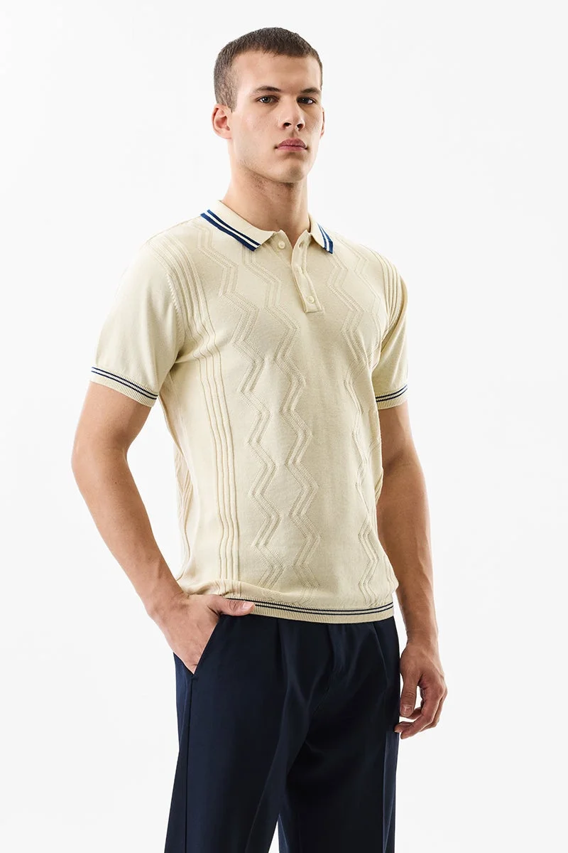 SNITCH Slim Fit Cotton Beige Flat Knit T-Shirt